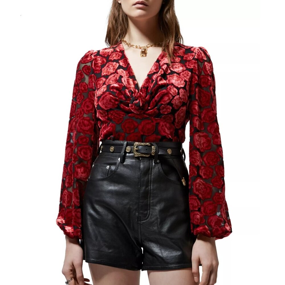 The Kooples Burnout Velvet Red Rose V-Neck Blouse, Size S